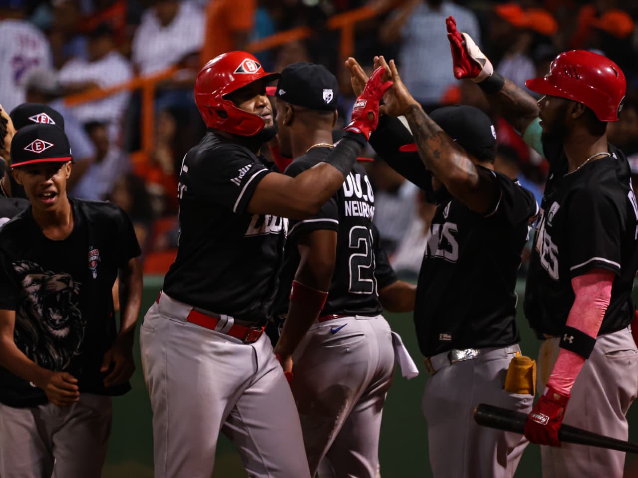 Socrates Brito es recibido por sus compañeros, luego de dar Hr en la victoria de los Leones del Escogido, su equipo, sobre los Toros del Este en el RR de la Pelota Invernal